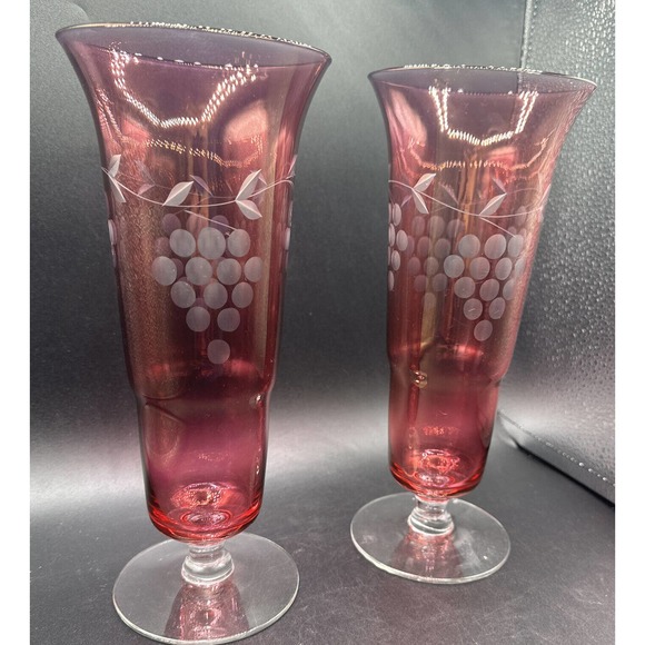 2 Vintage 10” Red Ruby Cranberry Flash Etched Grape Design Clear Footed Vases